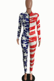 Blue Red Sexy Street Print Patchwork Zipper Skinny Jumpsuits