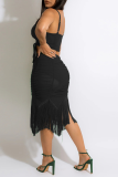 Green Sexy Solid Tassel Hollowed Out Spaghetti Strap Sleeveless Two Pieces