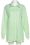 Green Fashion Casual Striped Patchwork Turndown Collar Long Sleeve Two Pieces