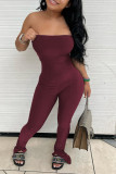 Coffee Sexy Solid Patchwork Strapless Skinny Jumpsuits