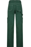 Green Fashion Casual Solid Patchwork Regular High Waist Straight Trousers