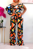 Tangerine Red Fashion Print Patchwork One Shoulder Straight Jumpsuits