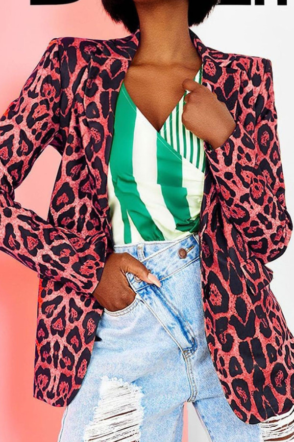 Red Casual Print Patchwork Turn-back Collar Outerwear