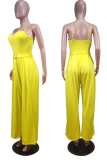 Yellow Sexy Solid Patchwork Spaghetti Strap Boot Cut Jumpsuits