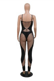 Black Sexy Solid Hollowed Out See-through Backless Spaghetti Strap Skinny Jumpsuits (With Panties)