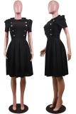 Black Casual Solid Flounce Turndown Collar Waist Skirt Dresses