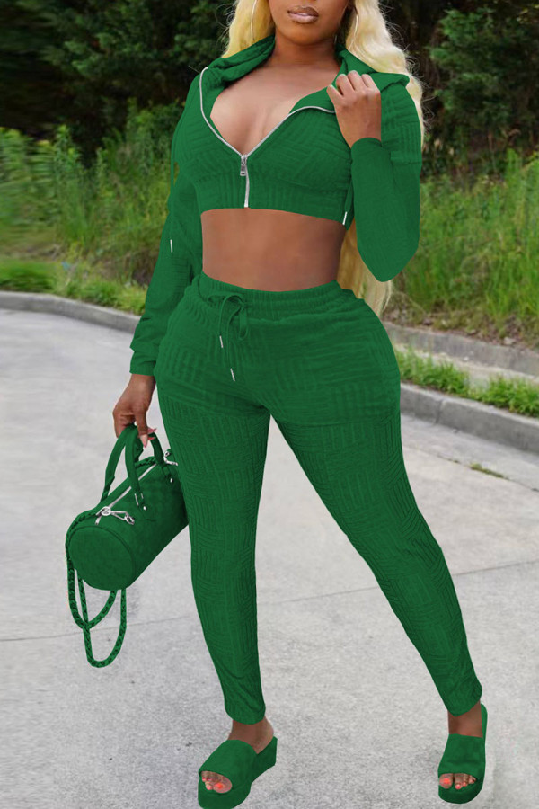 Green Casual Solid Patchwork Zipper Hooded Collar Long Sleeve Two Pieces