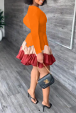Blue Fashion Print Flounce O Neck Cake Skirt Dresses