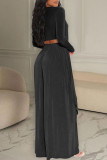 Grey Casual Solid Patchwork Asymmetrical O Neck Long Sleeve Two Pieces