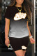 Black Fashion Casual Gradual Change Print Letter O Neck Short Sleeve Two Pieces