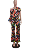 Tangerine Red Fashion Print Patchwork One Shoulder Straight Jumpsuits