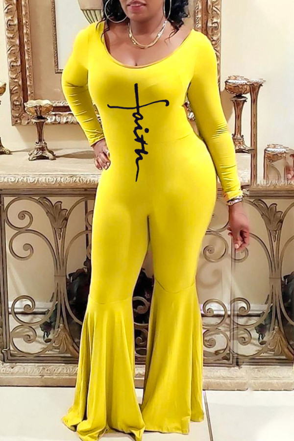 Yellow Casual Print Patchwork U Neck Boot Cut Jumpsuits