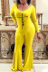 Yellow Casual Print Patchwork U Neck Boot Cut Jumpsuits