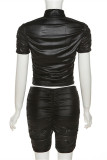 Black Fashion Casual Solid Fold Half A Turtleneck Short Sleeve Two Pieces
