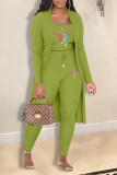 Green Casual Print Patchwork Spaghetti Strap Long Sleeve Three Pieces