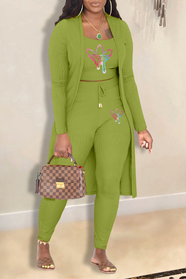 Green Casual Print Patchwork Spaghetti Strap Long Sleeve Three Pieces
