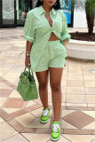 Green Fashion Casual Striped Patchwork Turndown Collar Long Sleeve Two Pieces