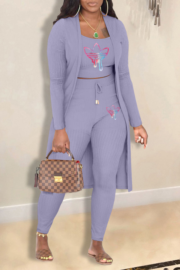 Purple Casual Print Patchwork Spaghetti Strap Long Sleeve Three Pieces