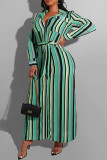 Blue Fashion Casual Striped Print With Belt Turndown Collar Long Sleeve Plus Size Dresses