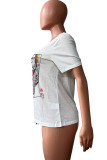 White Fashion Casual Print Patchwork O Neck T-Shirts
