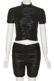 Black Fashion Casual Solid Fold Half A Turtleneck Short Sleeve Two Pieces