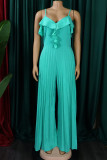 Red Sexy Solid Patchwork Flounce Fold Spaghetti Strap Straight Jumpsuits