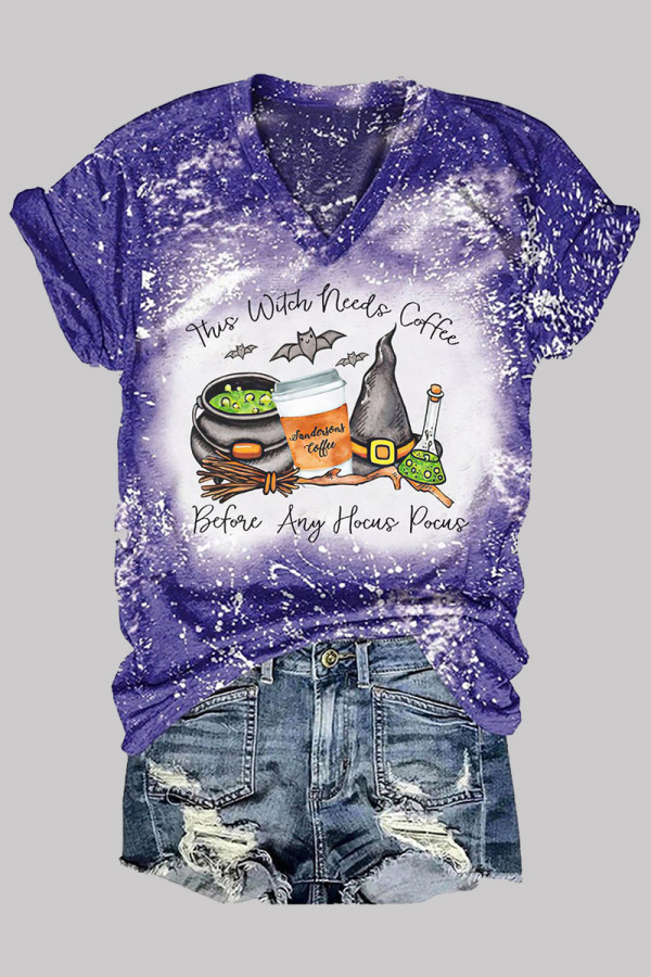 Purplish Blue Fashion Casual Print Basic O Neck T-Shirts