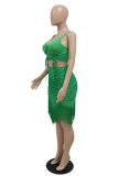 Green Sexy Solid Tassel Hollowed Out Spaghetti Strap Sleeveless Two Pieces