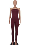 Coffee Sexy Solid Patchwork Strapless Skinny Jumpsuits