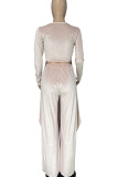 Grey Casual Solid Patchwork Asymmetrical O Neck Long Sleeve Two Pieces