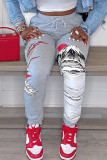 Grey Fashion Casual Print Patchwork Regular High Waist Trousers