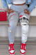 Grey Fashion Casual Print Patchwork Regular High Waist Trousers