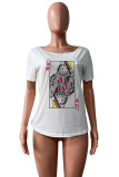 White Fashion Casual Print Patchwork O Neck T-Shirts