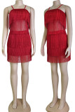 Red Sexy Solid Tassel Patchwork Spaghetti Strap Straight Dresses