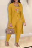 Yellow Casual Print Patchwork Spaghetti Strap Long Sleeve Three Pieces
