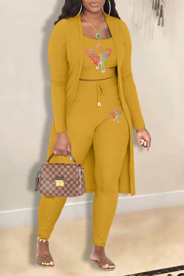 Yellow Casual Print Patchwork Spaghetti Strap Long Sleeve Three Pieces
