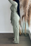 Green Casual Solid Bandage Turndown Collar Straight Jumpsuits