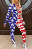 Blue Red Sexy Street Print Patchwork Zipper Skinny Jumpsuits