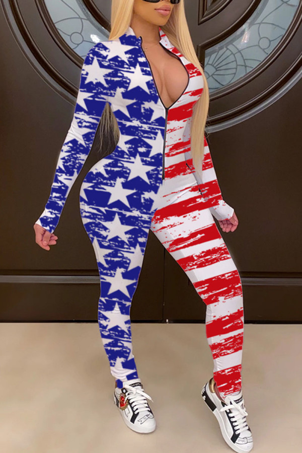 Blue Red Sexy Street Print Patchwork Zipper Skinny Jumpsuits