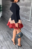 Blue Fashion Print Flounce O Neck Cake Skirt Dresses