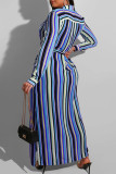 Rose Red Fashion Casual Striped Print With Belt Turndown Collar Long Sleeve Plus Size Dresses