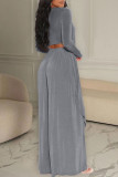 Grey Casual Solid Patchwork Asymmetrical O Neck Long Sleeve Two Pieces