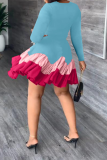 Blue Fashion Print Flounce O Neck Cake Skirt Dresses
