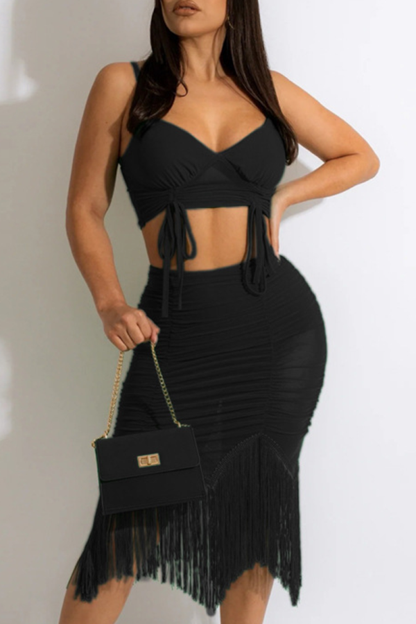 Black Sexy Solid Tassel Hollowed Out Spaghetti Strap Sleeveless Two Pieces