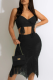 Black Sexy Solid Tassel Hollowed Out Spaghetti Strap Sleeveless Two Pieces