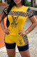 Yellow Fashion Casual Patchwork Leopard Letter O Neck Short Sleeve Two Pieces