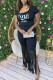 Black Casual Print Tassel Patchwork U Neck Short Sleeve Two Pieces