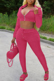 Pink Casual Solid Patchwork Zipper Hooded Collar Long Sleeve Two Pieces