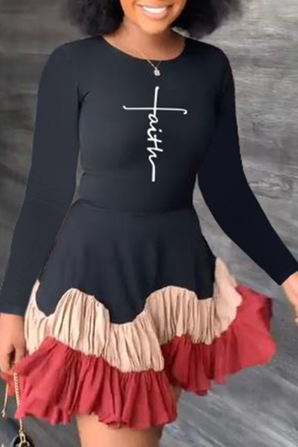 Black Red Fashion Print Flounce O Neck Cake Skirt Dresses
