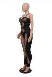 Black Sexy Solid Hollowed Out See-through Backless Spaghetti Strap Skinny Jumpsuits (With Panties)